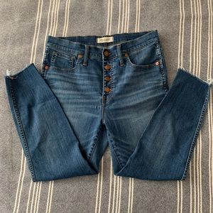 Madewell button fly, raw hem skinny jeans
